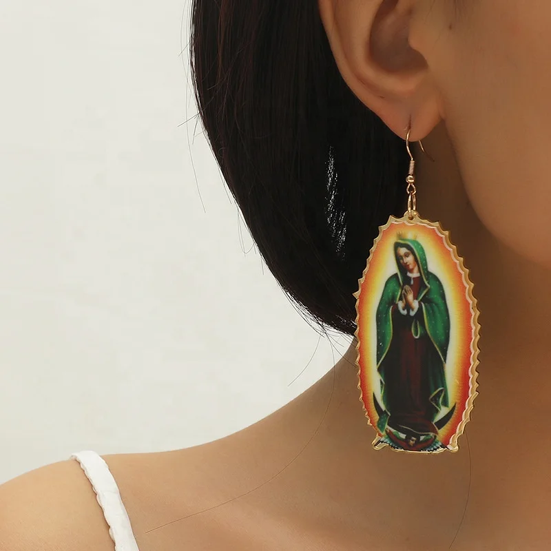 

Hot Sale Vintage Acrylic Earrings Statement Jesus Madonna Ear Rings Resin Dangle Hook Earrings for Women