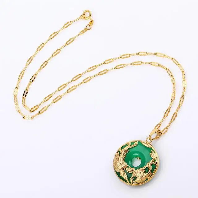 

Women gold green chalcedony pendant gold inlaid jade necklace