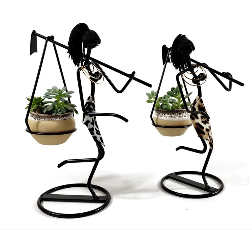 

Nordic Iron Girl Flower Stand Carrying Succulent Plants Flower Pot Desktop Home Decorations