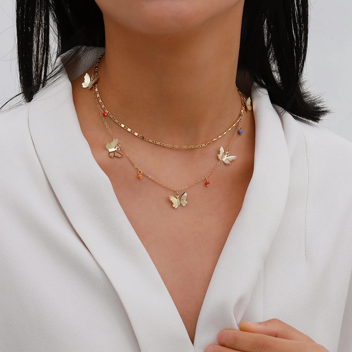 

2PCS Women Girls Necklace Copper Choker Necklace Bead Metal Butterfly Tassels Pendant Necklace Jewelry Accessories, Customized color