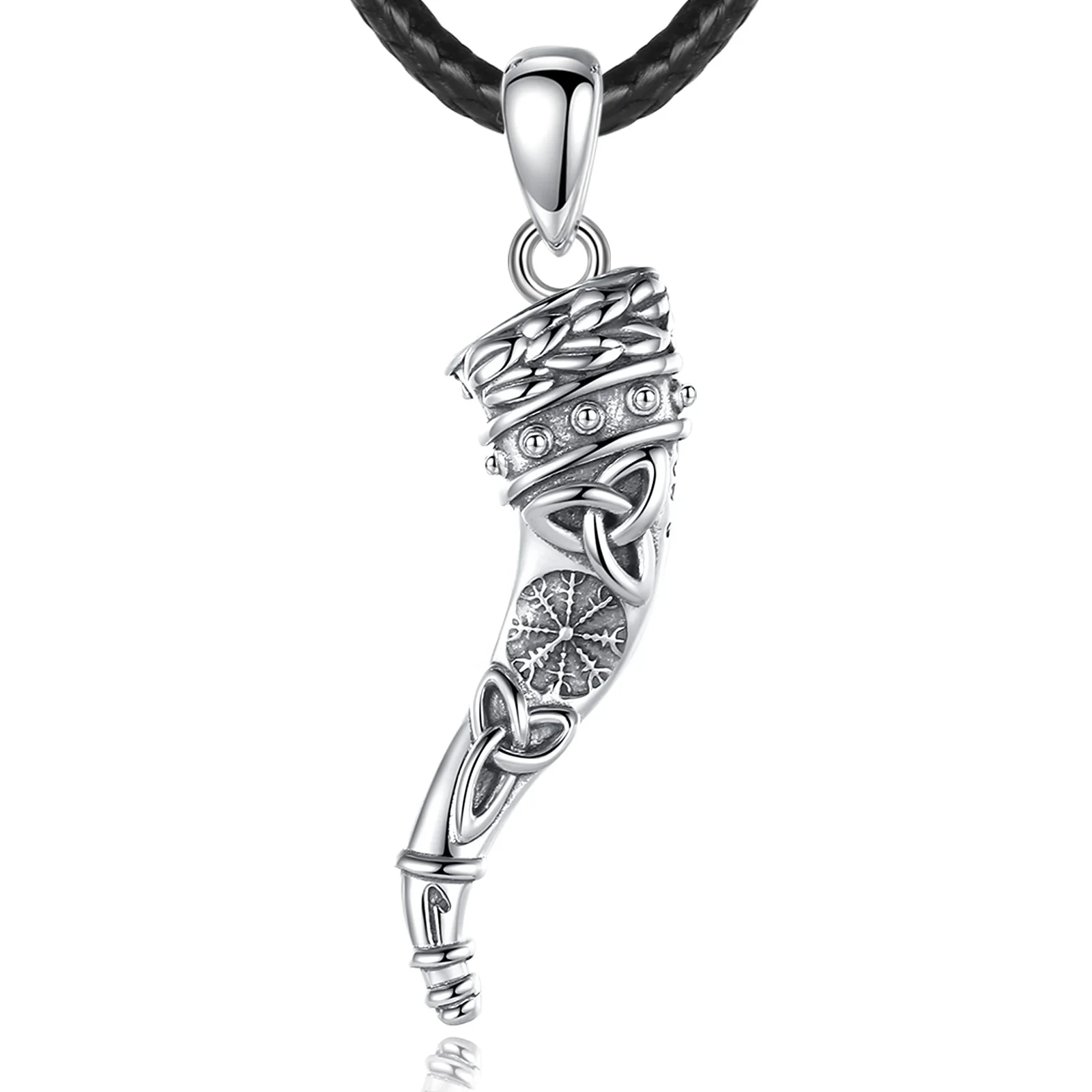 

Exquisite Workmanship Embossment Design S925 Sterling Silver Vintage Viking Horn Amulet Pendant Necklace for Men