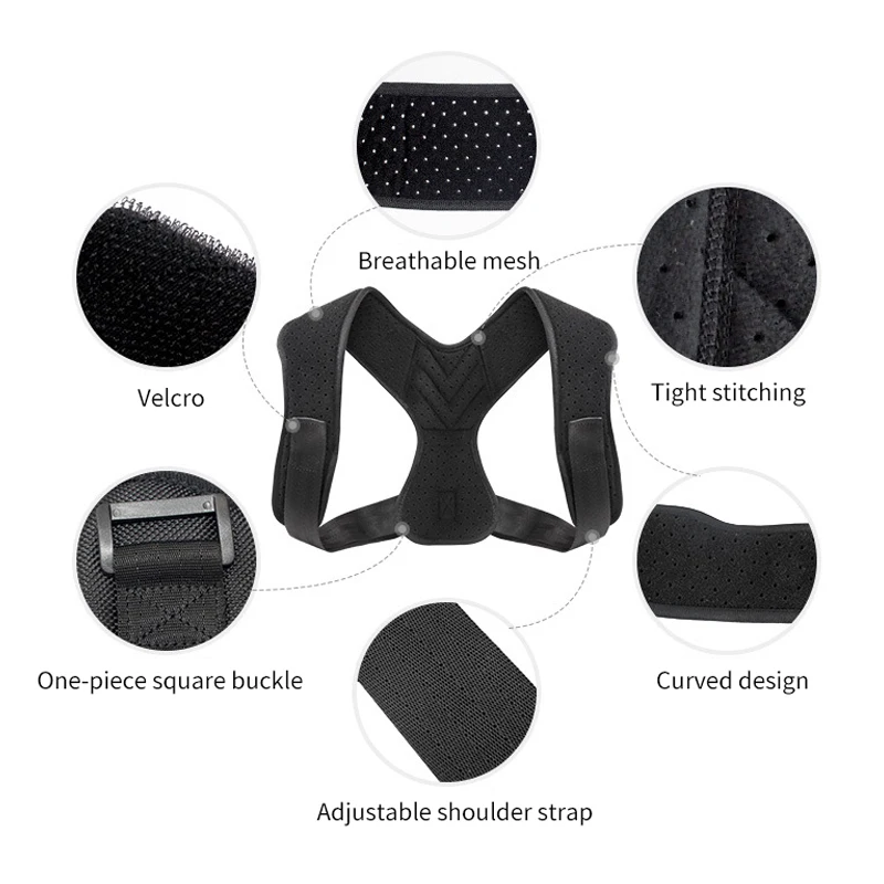 

2021 New Design Patent Adjustable Upper Back Brace Shoulder Support belt Posture Corrector, Black