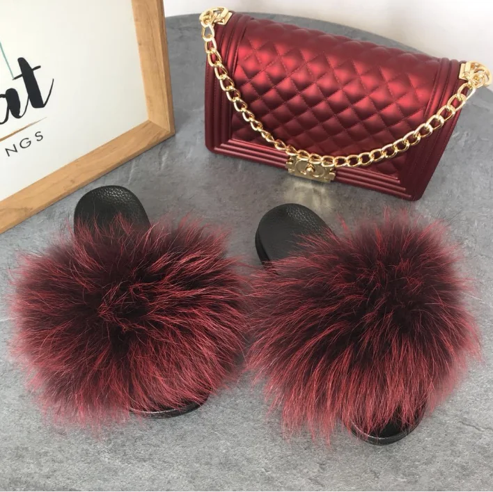 

Handbag italian shoes and bag set high quality pu handbag match fur slides purse handbag and fox fur slides sets, Many colors