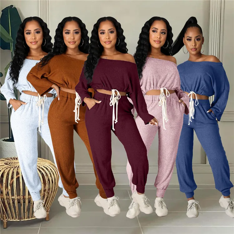 

2021 Sexy Ladies Long Sleeve Outfits Off Shoulder Ribbed Clothing Fall Women Two Piece Pants Set, Picture shown