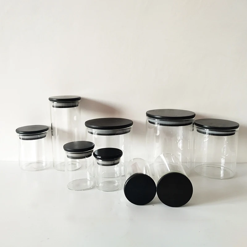 

2021v New desgin Sealed food tank Spice glass jars with Black /Primary color bamboo lid, Customized color