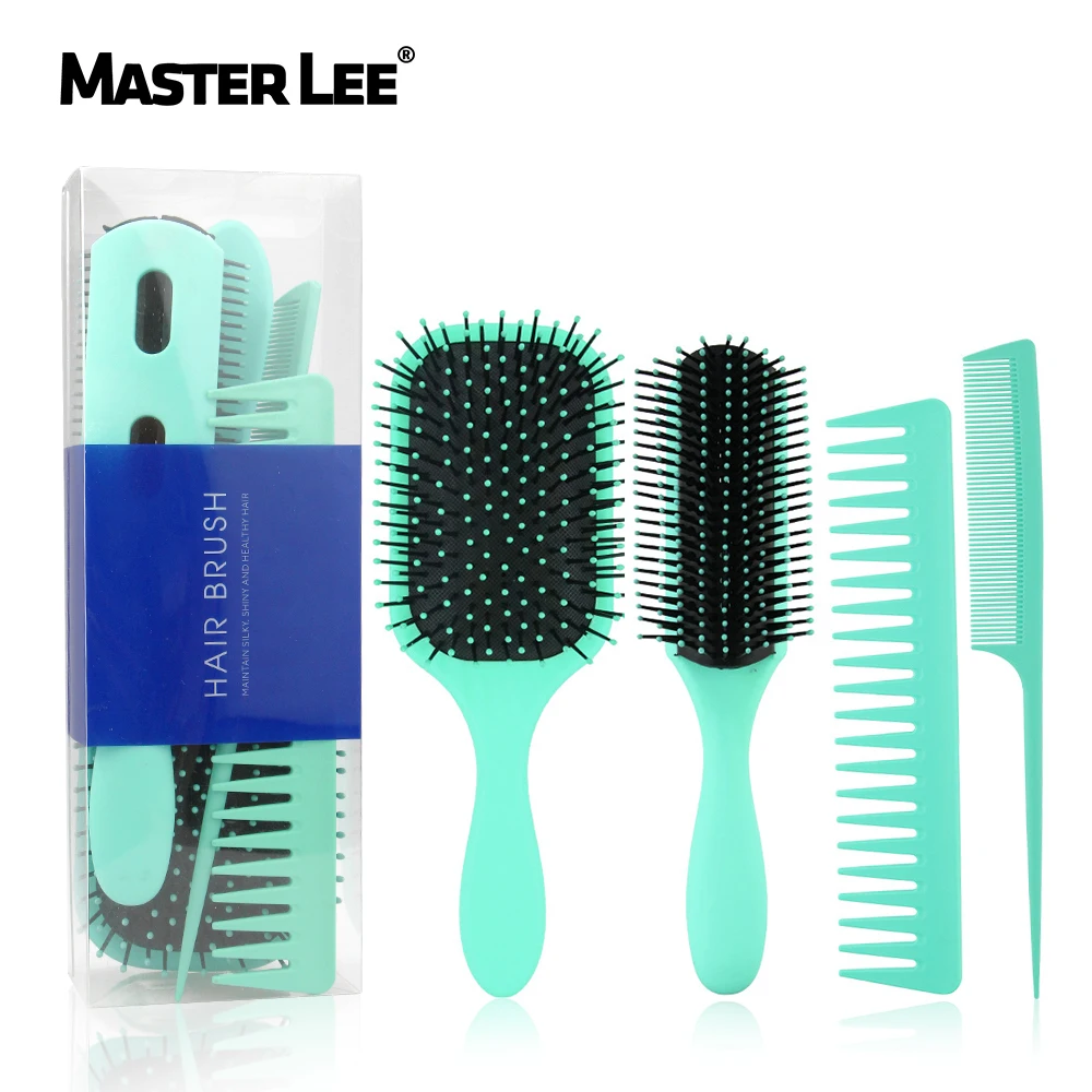 

Masterlee customize logo 4 pcs paddle hair brushes parting comb set hot sell in Amazon, Pink +green