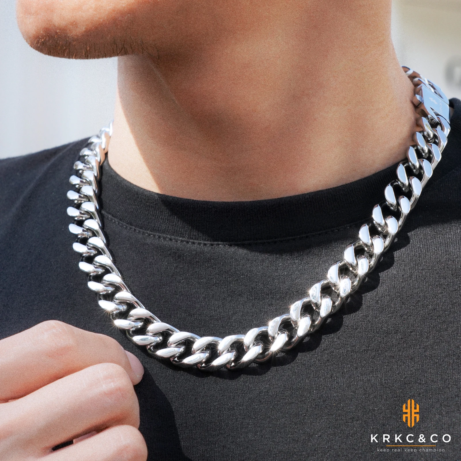 

KRKC Drop Shipping New Design Covenient Buckle Clasp RTS 14mm Silver Rhodium Plated Mens Curb Cuban Link Chains For Amazon Wish