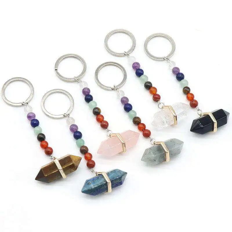 

Unique Design 13*36mm Chakra Keychain Beads Hexagon Point Tower Stone Bead Crystal Keychains Charms Gift