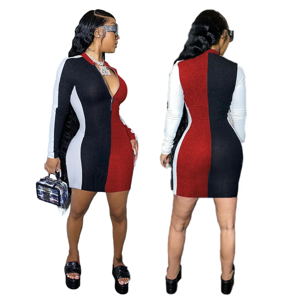 

long sleeves add color patchwork sexy fashion fall winter ladies stitched half zip long sleeve ribbed dress