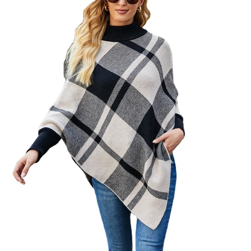 

Autumn and winter new trend women's color-blocked plaid cloak bat sleeve pullover knitted sweater shawl, Yellow, gray, camel, burgundy, apricot