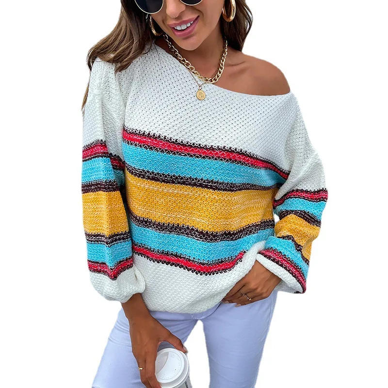 

Womens Oversized Sweater Color Block Off The Shoulder Pullover Sweaters Cable Knit Chunky Rainbow Stripes Tops