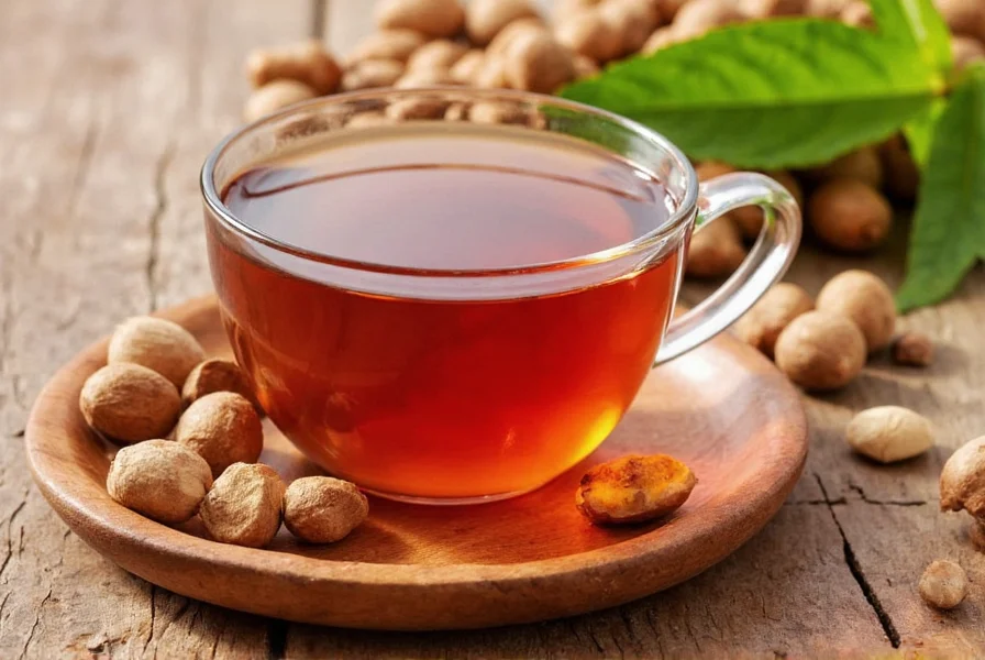 Two ceramic mugs of freshly brewed nutmeg tea with cinnamon sticks and whole nutmeg seeds displayed beside them