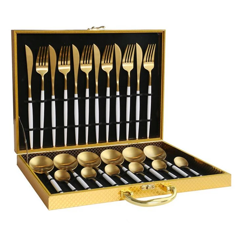 

24pc luxury cutlery set 1010 dinner set gold Wooden box tableware set stainless steel dinnerware with gift box for western food