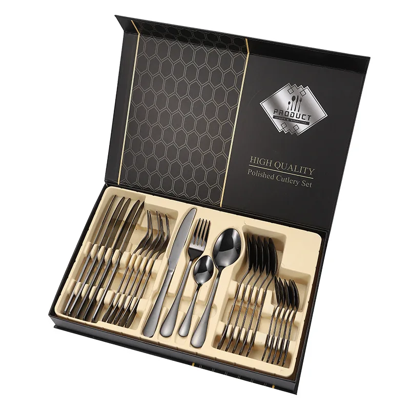 

Luxurious Wsetern Tableware sets Black Plated 24pcs Knife Fork Spoon Stainless Steel Cutlery For Party Gift Metal Flatware, Silver/gold/rose gold/rainbow/black