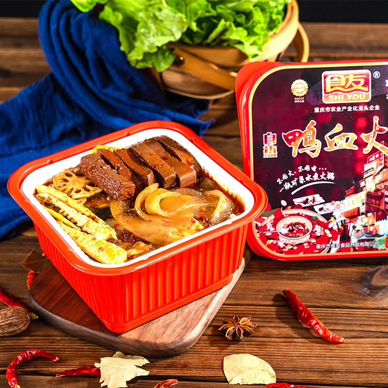 Ready to eat meal self heating food duck blood instant hot pot.