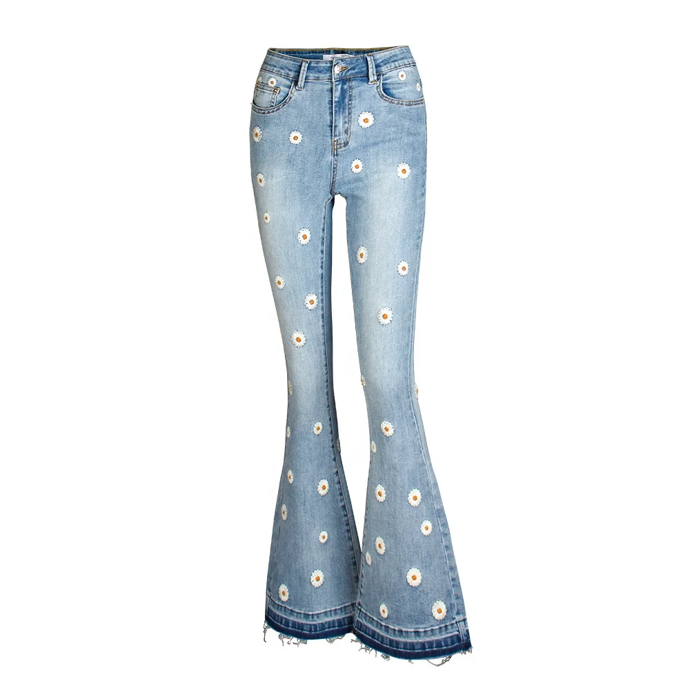 

B61600A Hot style American and European women's jeans high quality wide leg pants embroidered flared jeans, Light blue