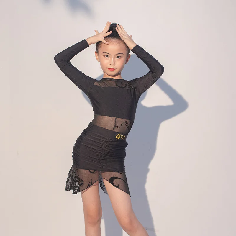 Latin Dance Skirt Advanced Sense Practice Performance Children Separate Suit Black