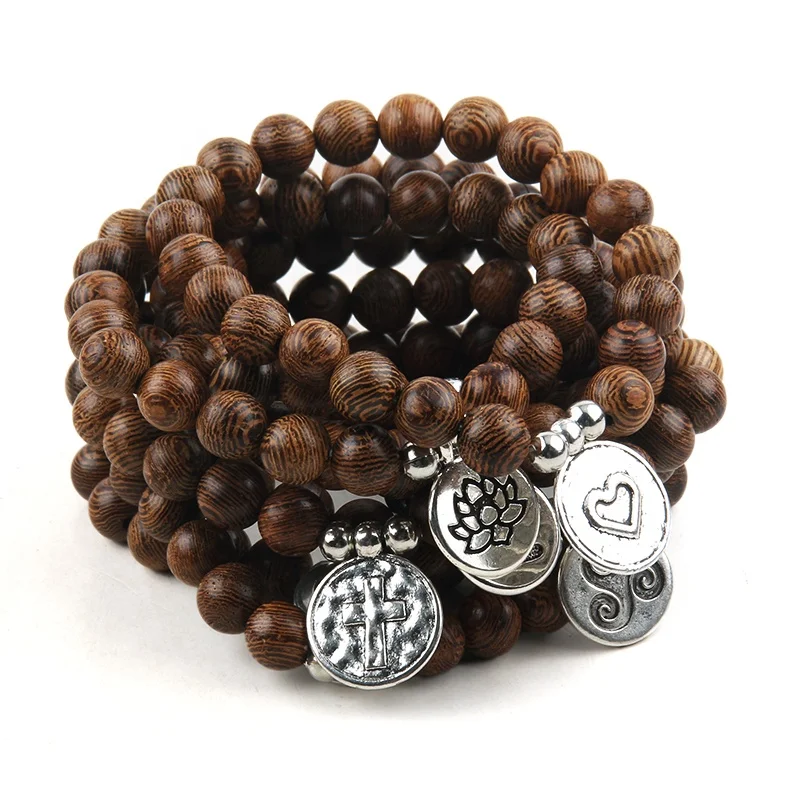 

Classical Elegant Elastic Brown Wood Beads Bracelet Silver Round Metal Heart OM Cross Peace Buddha Lotus charm Yoga Bracelet