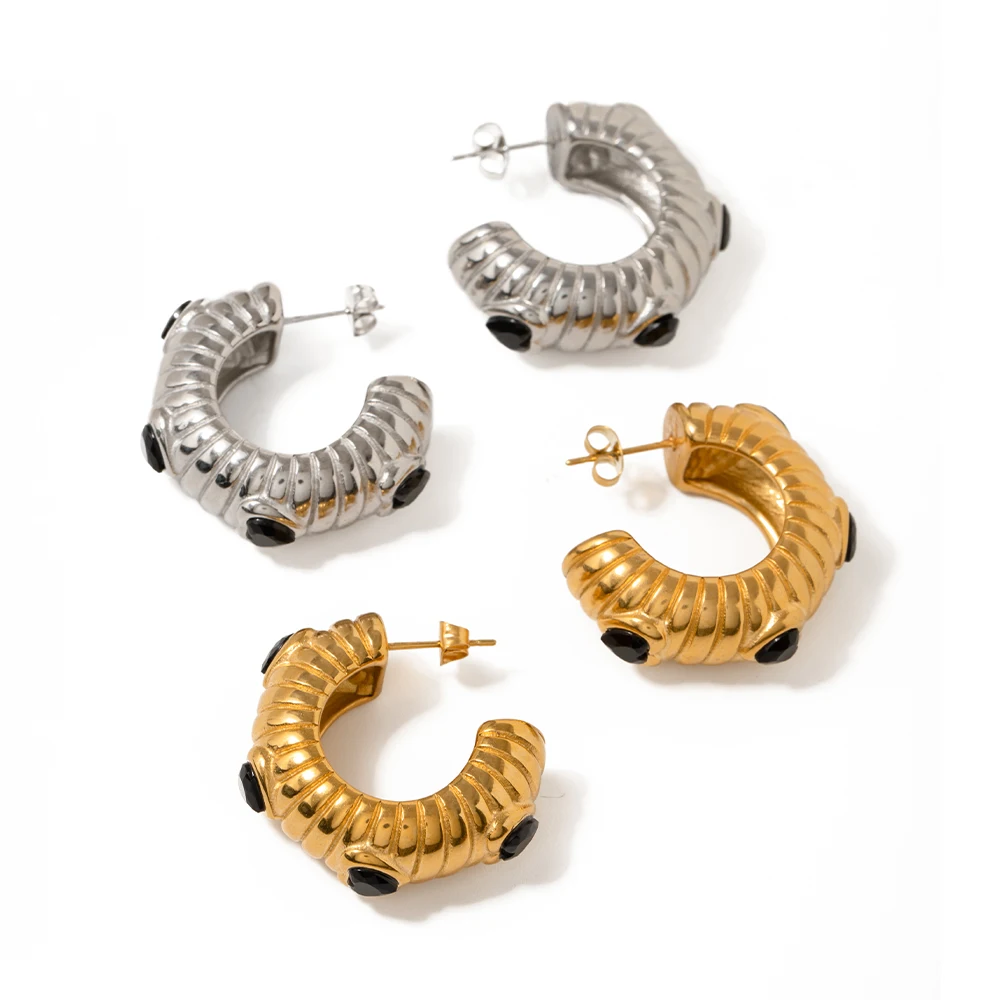 

J&D 18K PVD Gold Stainless Steel Jewelry CC Hoop Black Heart CZ Texture Chunky Ear Cuff Earring Women