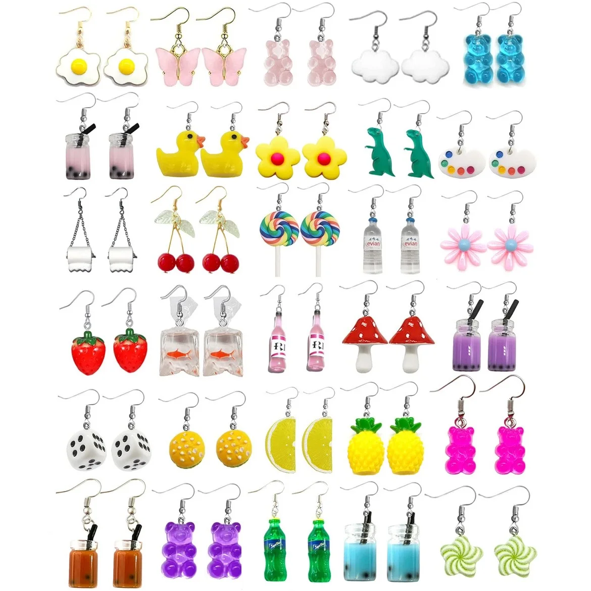 

Quirky Funny Earrings Strawberry Mushroom Goldfish Bear Fruit Pearl Milk Tea Water Bottle Pendant Earring Set