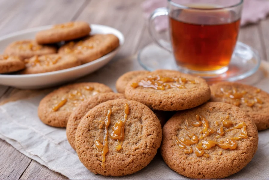 Homemade ginger cookies served with cup of tea and molasses drizzle