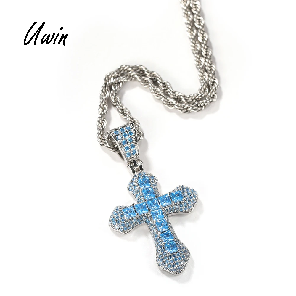 

UWIN Hip Hop Baguette CZ Square Stone Blue Red Cross Pendant Necklace Bling Rapper Necklace Unisex Jewelries