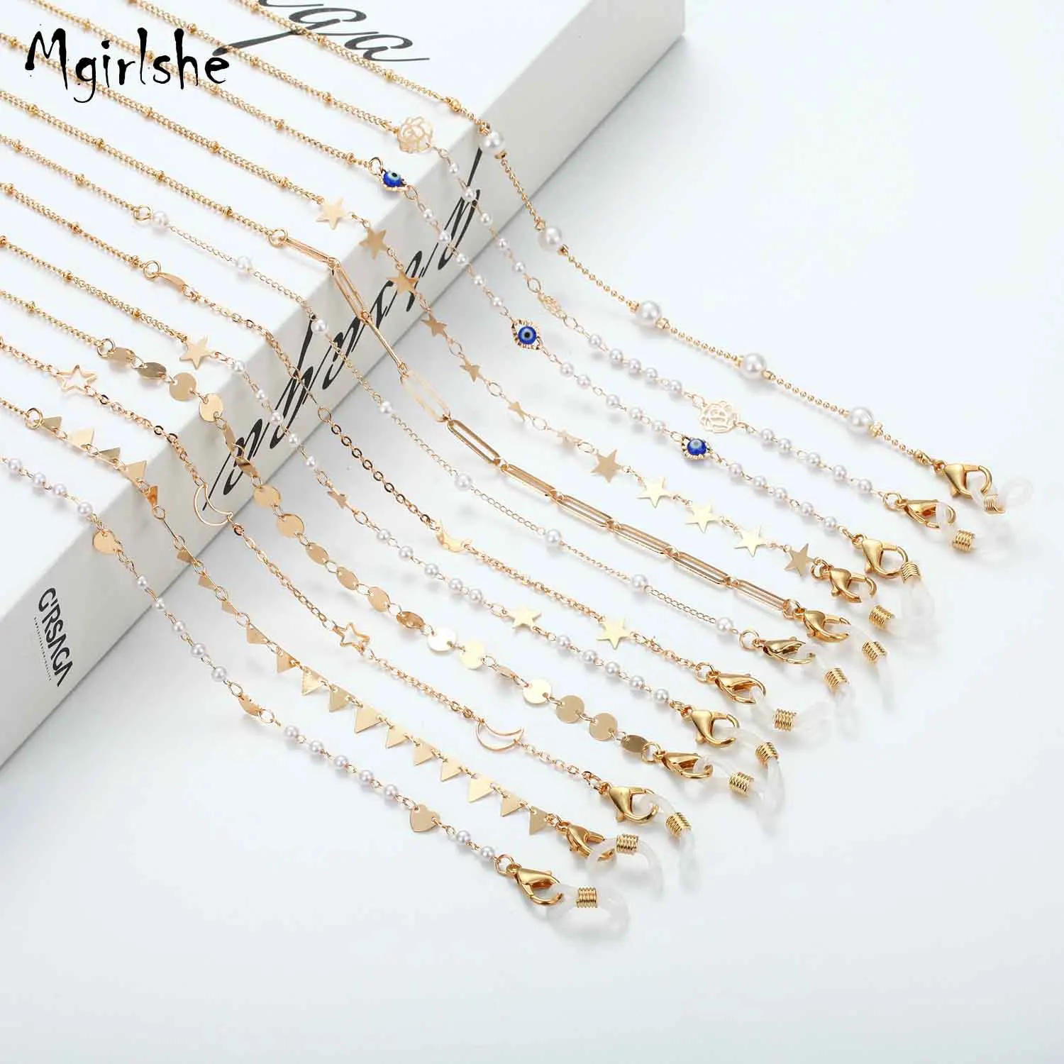 

Mgirlshe Wholesale Gold Cool Masking Lanyard Chain Holder Gold Stars Roses Pearl Fashion Glasses Chains Anti-lost Holder Chains