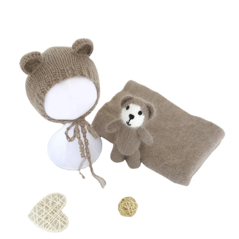 

Angora Teddy Bear Bonnet Toy Set Newborn Fluffy Stretch Knit Wrap Baby Stuffer Filler Animal Toy Photography Props Layer Fabric