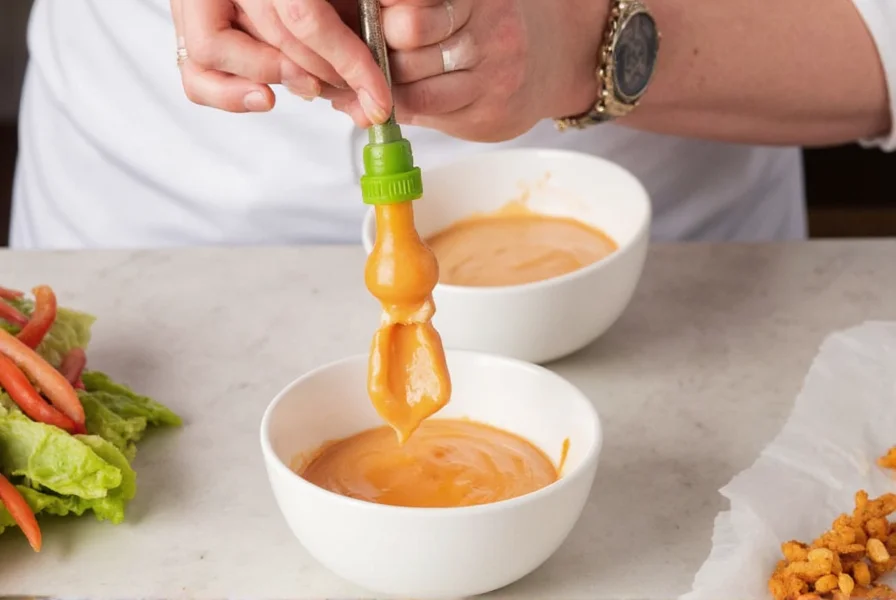 Chef preparing sriracha mayo by mixing sriracha sauce with mayonnaise in a small bowl