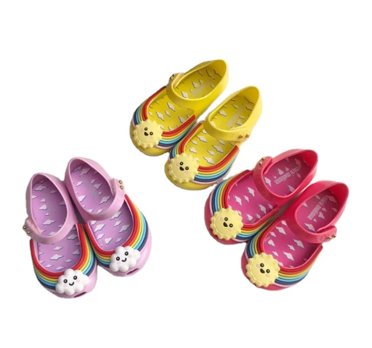 

2021 Rainbow Sun Colorful Plastic PVC Kids Girl Flat Shoes