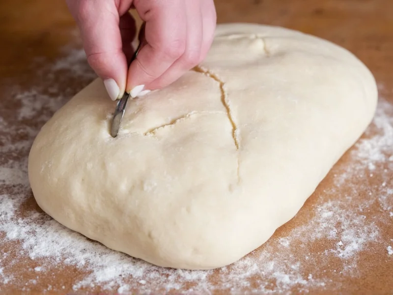 Scoring artisan bread dough with lame tool