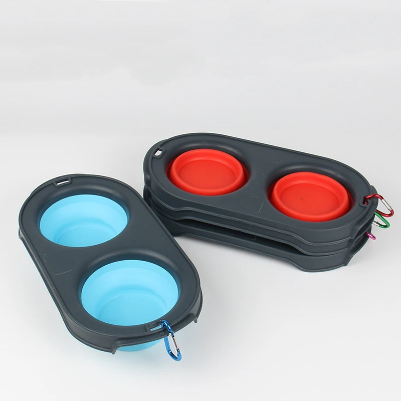 

Fast Shipping Folding Collapsible Silicone Food Dispenser Double Bowl for Dog Cat, As photo