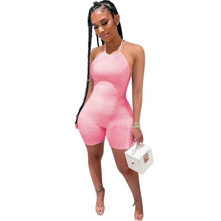 

2021 women clothing for woman latest design bandage ribbing backless solid color sleeveless sexy jumpsuits, Picture shows