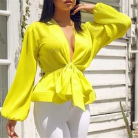 

Waist Belt Peplum Sexy Deep V Neck Lantern Sleeve Women Blouses Shirts