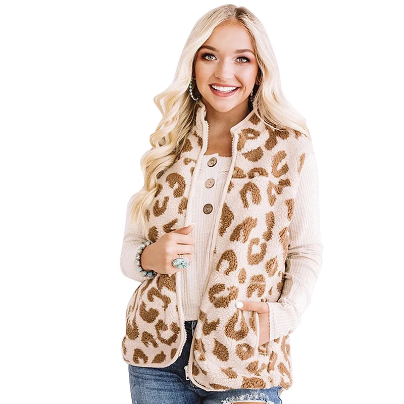 

2020 Wholesale Outdoor Casual Leopard Pockets Sherpa Womens Winter Jackets Vests
