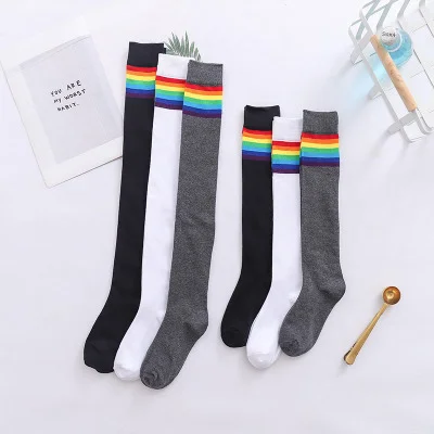 

Wholesale Rainbow Colorful Striped Knee High Socks Halloween Black White Over Knee Thigh High Socks Women