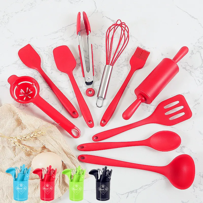 

2021 Hot sale US 11 Pieces Non Toxic Non Stick Children Baby Colorful Mini Silicone Utensils Kitchenware Tools Set