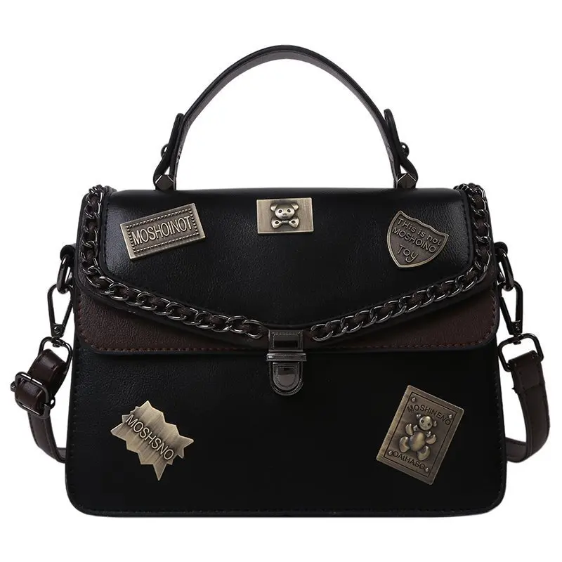 

Female 2020 new style handbag korean retro badge casual shoulder crossbody small square bag, Black