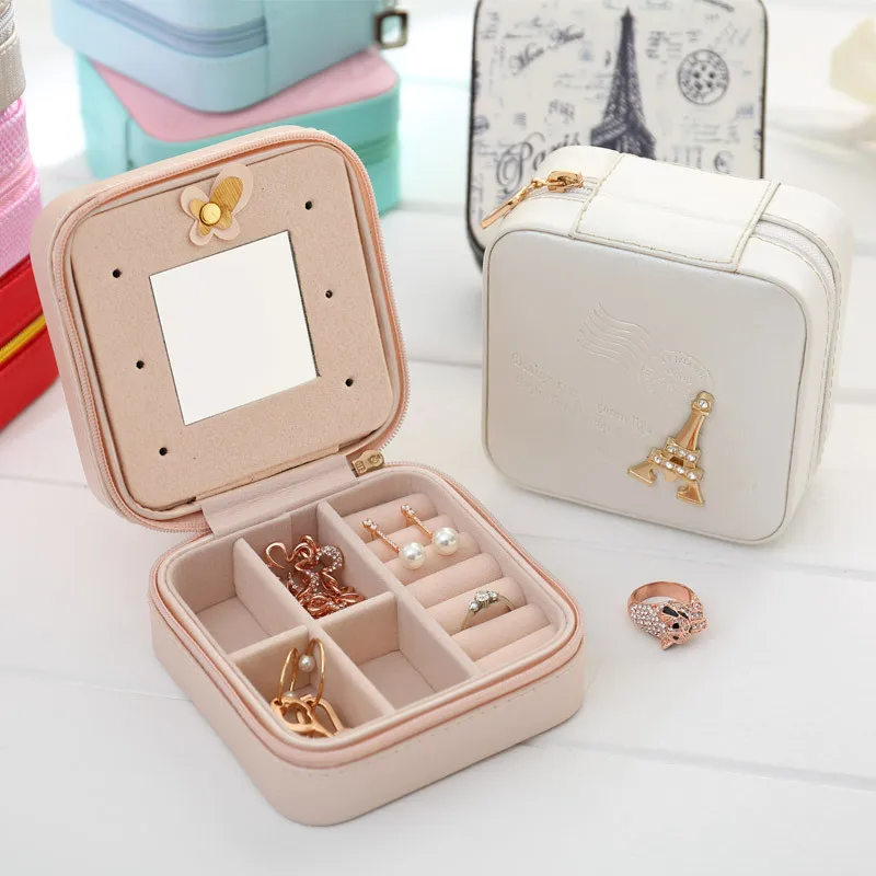 

White Bags Girls Fashion Jewelry Case Bag Waterproof Zipper Mini Waterproof Size Jewelry Box with Mirror