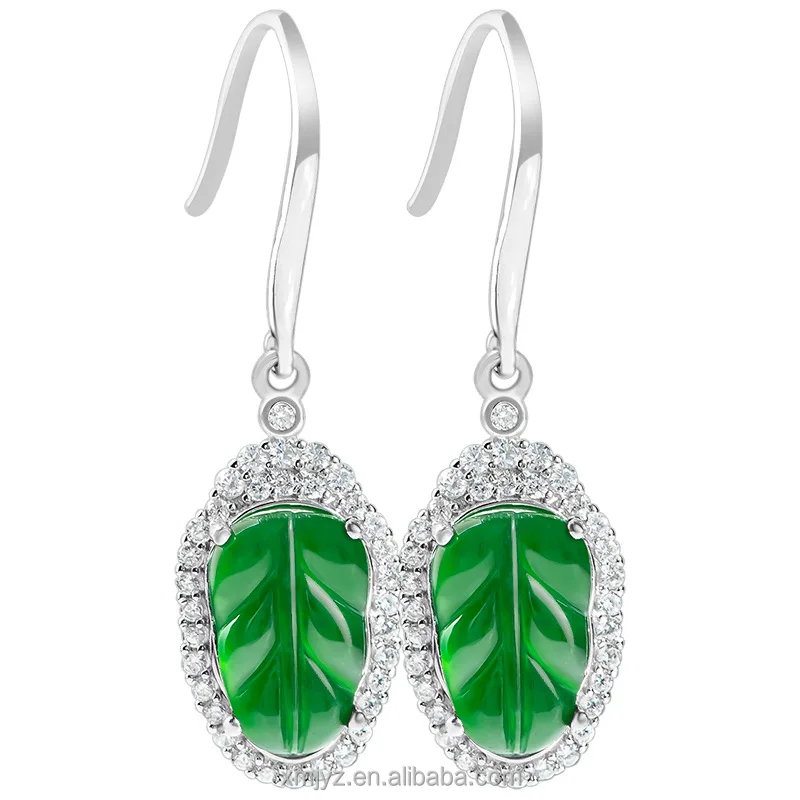 

Certified Grade A S925 Silver Inlay Natural Emerald Sun Green Earrings Leaves Ear Hook Ice Jade Stone Women's Fashion Earrings