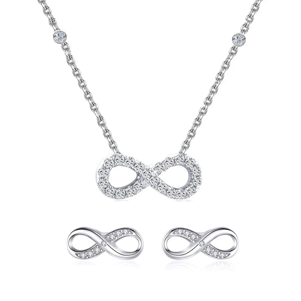 Pretty Endless Symbols Shaped Necklace and Earrings Cubic Zircon CZ Real S925 Sterling Silver Jewelry Set for Women Girl Gifts