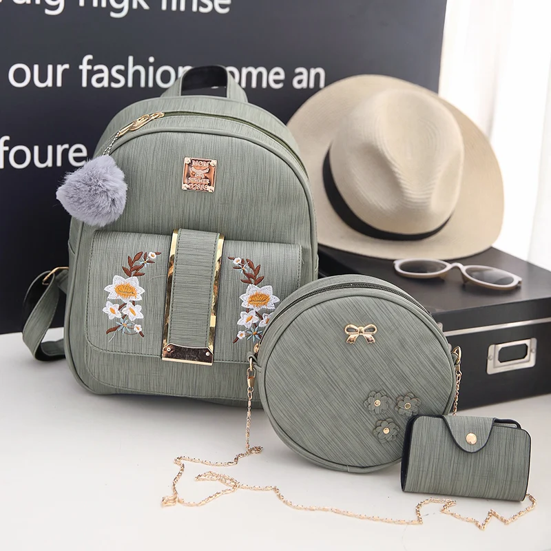 

Multi-function Multi-piece Suit Backpack Ladies Bag Pu Leather School Bag 3 In 1 Set Backpack School Bag, Pink/black/green