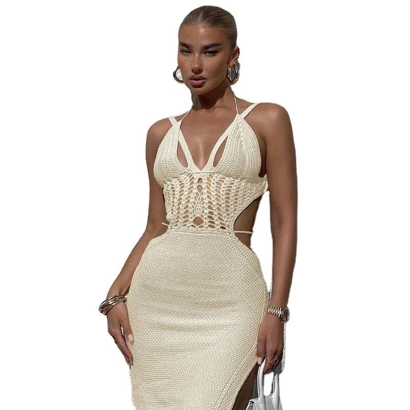 

Europe and the United States women's summer new knitwear sexy V-neck backless strap solid color perspective slit dress