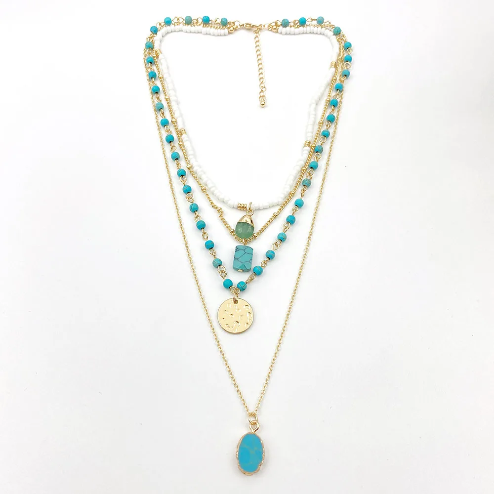 

2022 New fashion long chain style green stones multi beads gold plated necklace for women