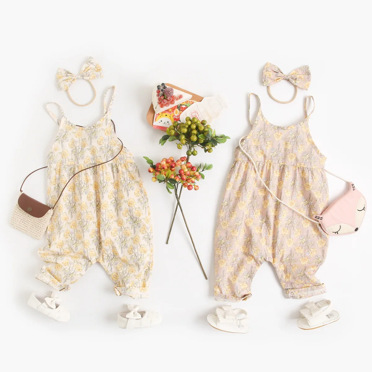 

Toddler Baby Cotton Floral Sling Romper Summer Baby Girls Snap Button Jumpsuit Hair Band Set