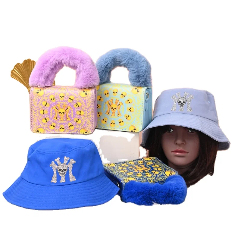 

Plush Handbag Ladies Outdoor Leisure Purse Cosmetic Bag And Bucket Hat Set, 8 colors