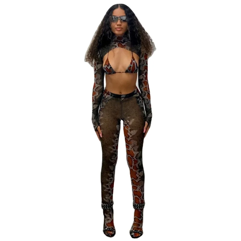 

2021 new arrivals summer designs women snake printed asymmetrical bra top with full length sexy three pieces pants set
