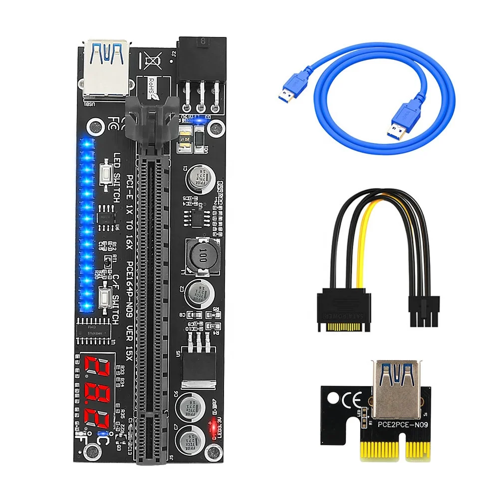 

Temperature sensor Riser Pcie Ver-15 010S 010X PCI-E 1X to 16X USB3.0 Riser Card with 3528 colorful flash LED, Black