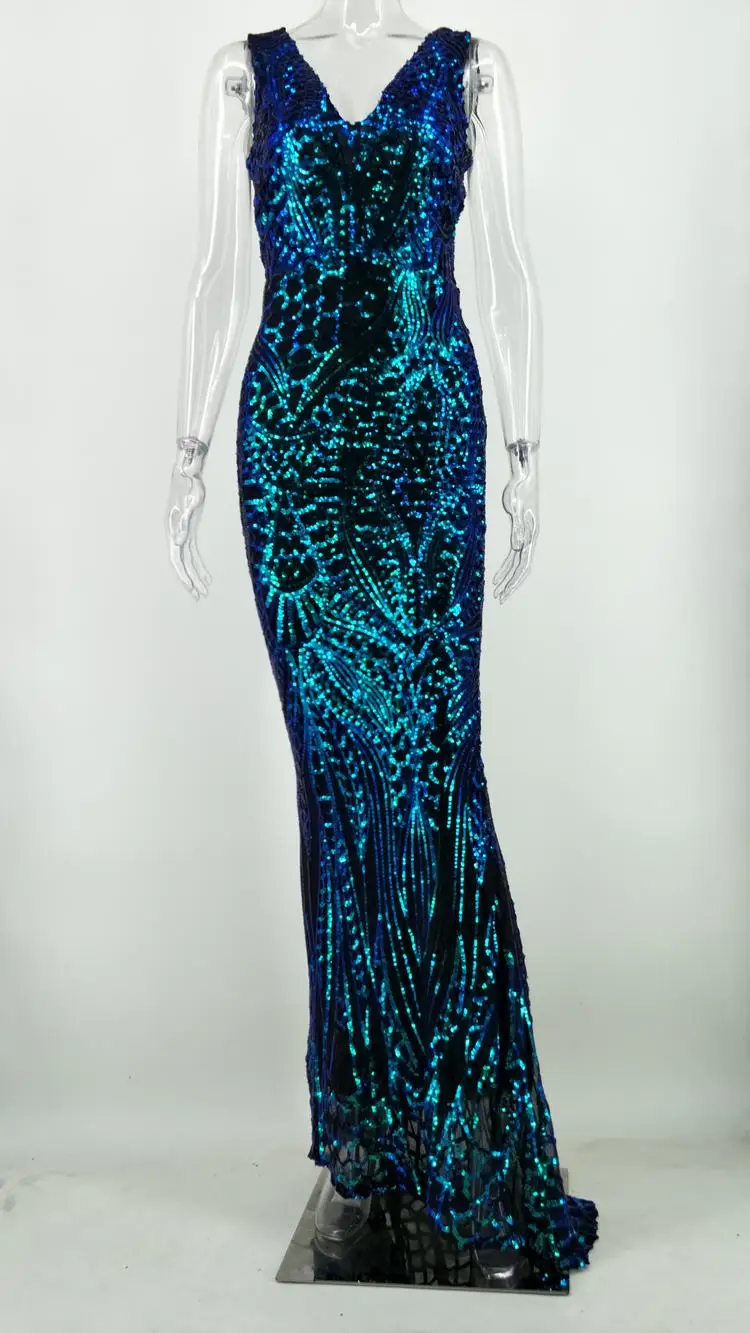 2019 Female Apparel Sequins V-Neck Sleeveless Mermaid Dress Evening Gown