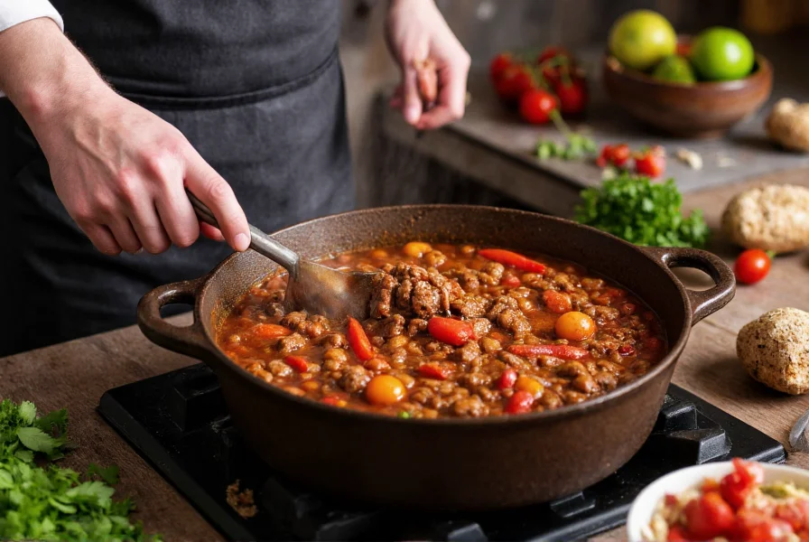 Professional chef preparing authentic beef chili in cast iron pot with fresh ingredients